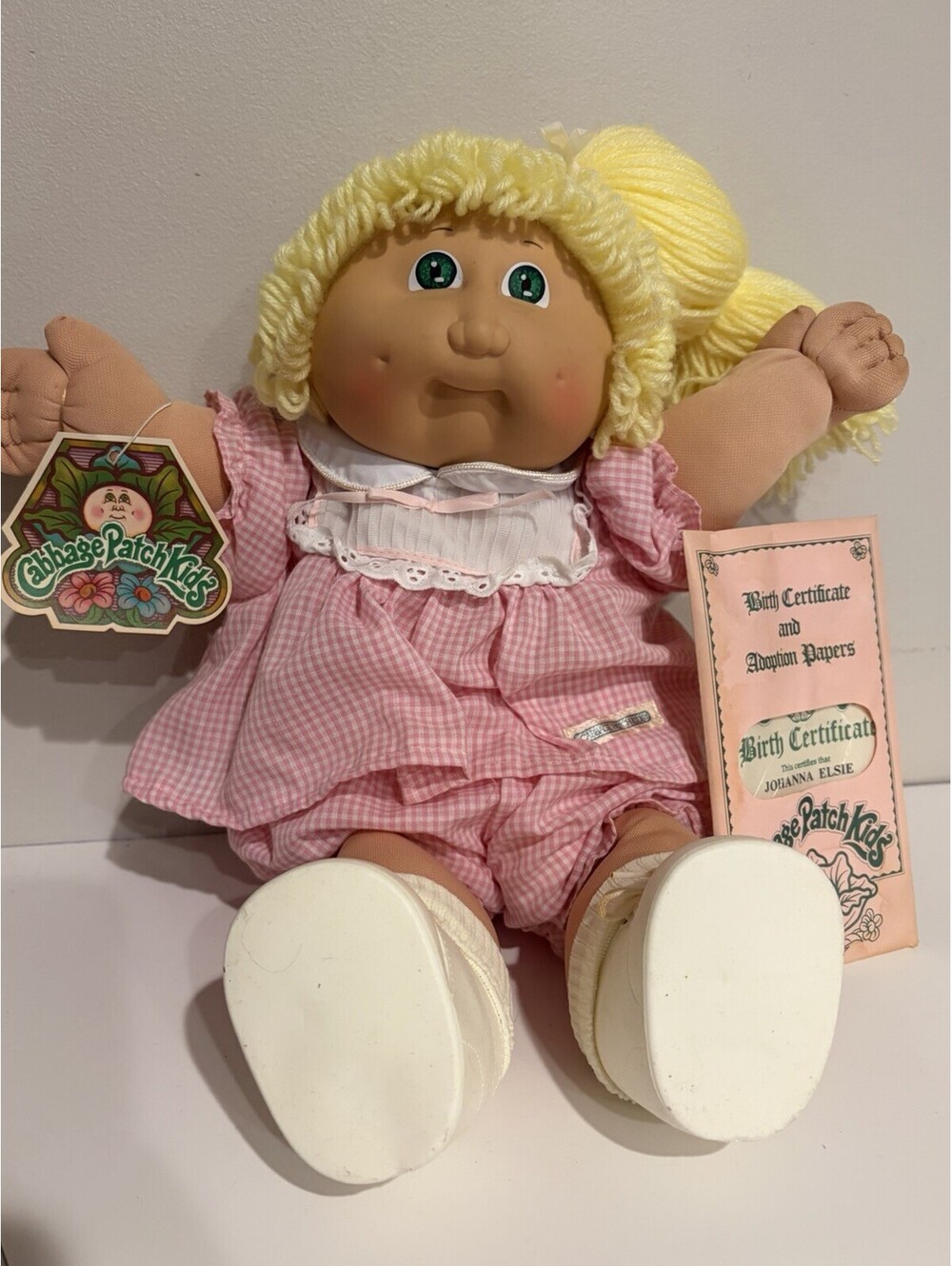 1985 Cabbage Patch Kids Doll Johanna Elsie Blonde Green Eyes Papers Tag CPK